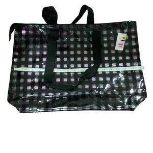 Clear Tote Bag Black Gingham Pattern Zipper Top‎ Handles Beach Travel